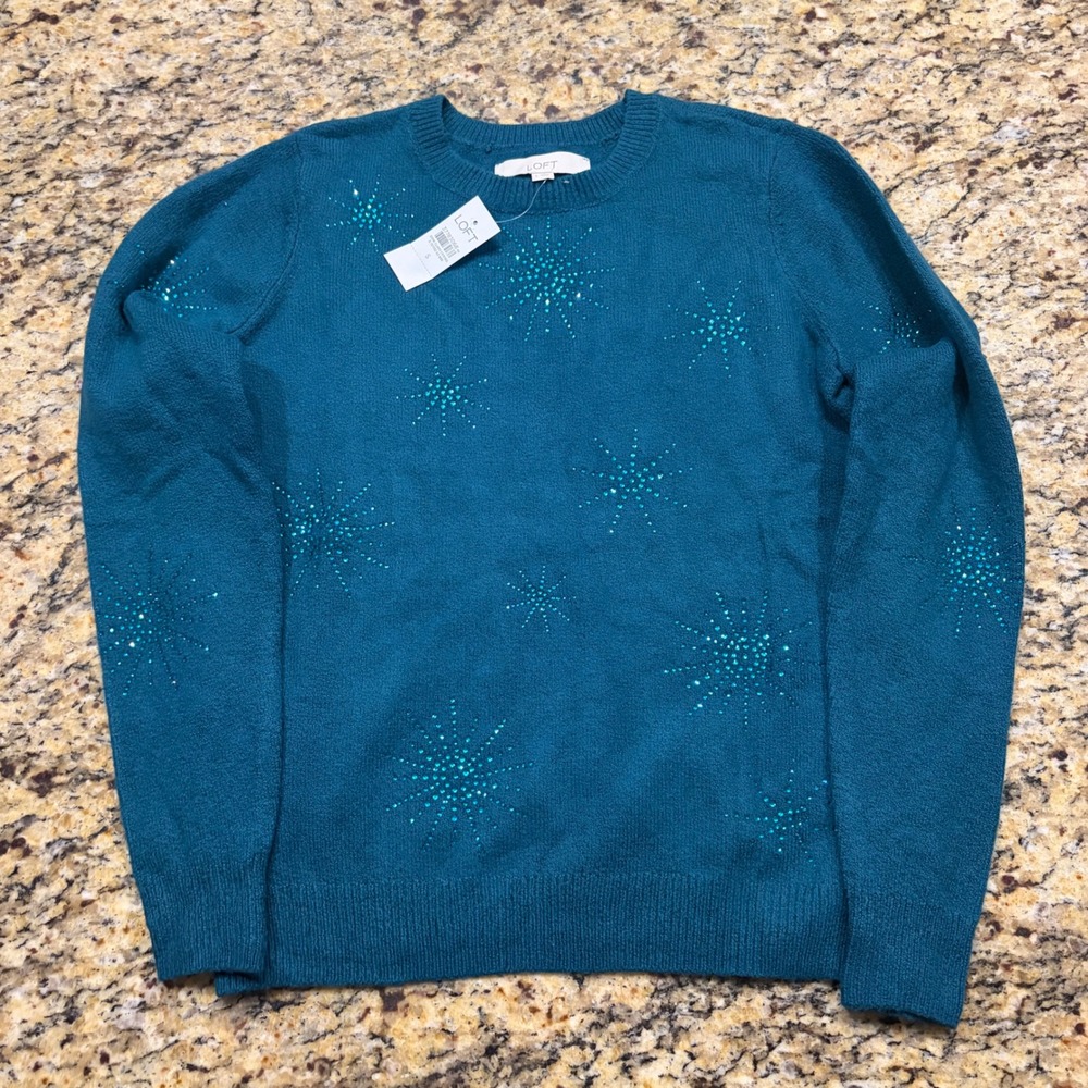 LOFT Teal Blue Rhinestone Starburst Snowflake Sweater NWT S Holiday Sparkle ws